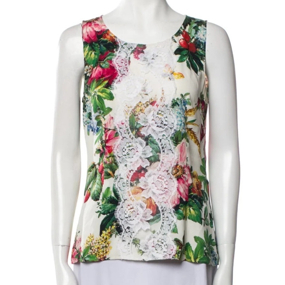 Dolce & Gabbana Silk Floral Lace Overlay Sleeveless Margot Robbie Blouse Sz 42/6